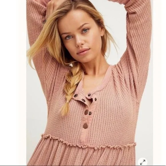 Free People Size Medium Marissa Henley Dress Maxi Waffle Knit - Picture 3 of 9